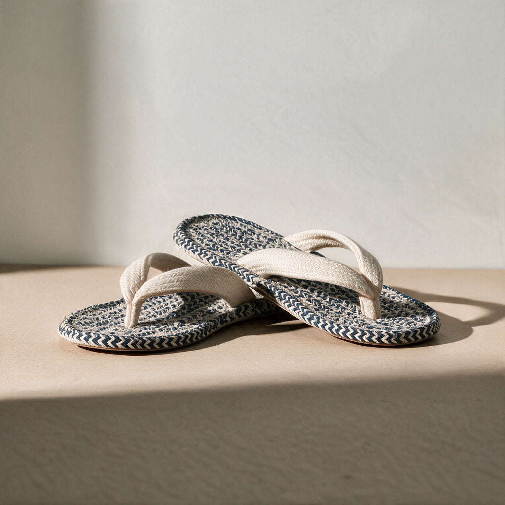 Anti-Slip V Strap Cotton Slippers | Blue White Indoor Slippers
