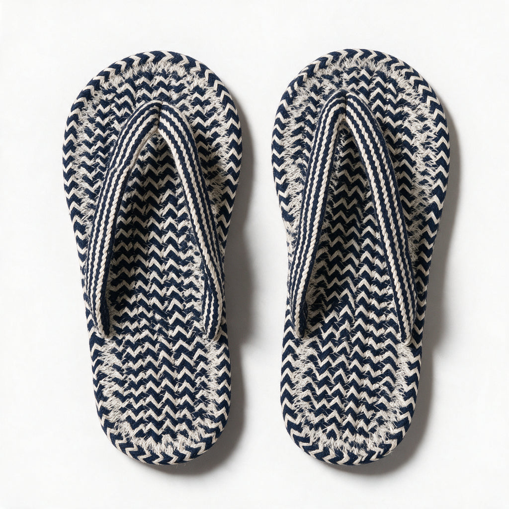 Anti-Slip V Strap Cotton Slippers | Blue White Indoor Slippers