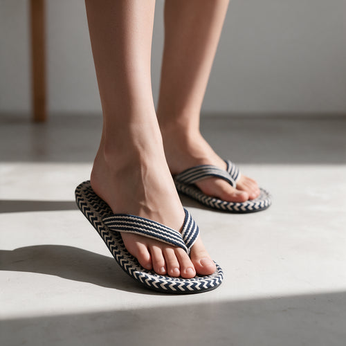 Anti-Slip V Strap Cotton Slippers | Blue White Indoor Slippers
