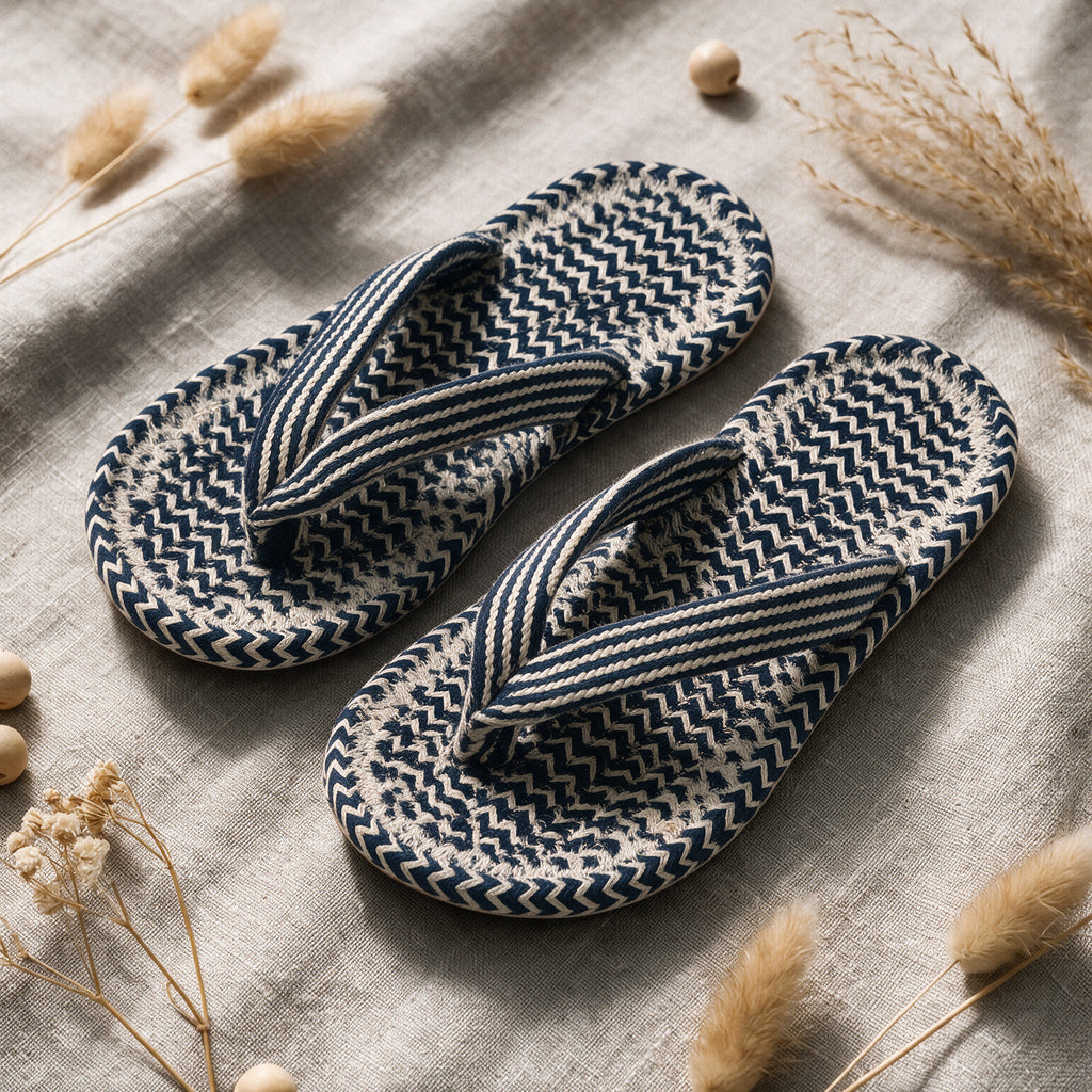 Anti-Slip V Strap Cotton Slippers | Blue White Indoor Slippers