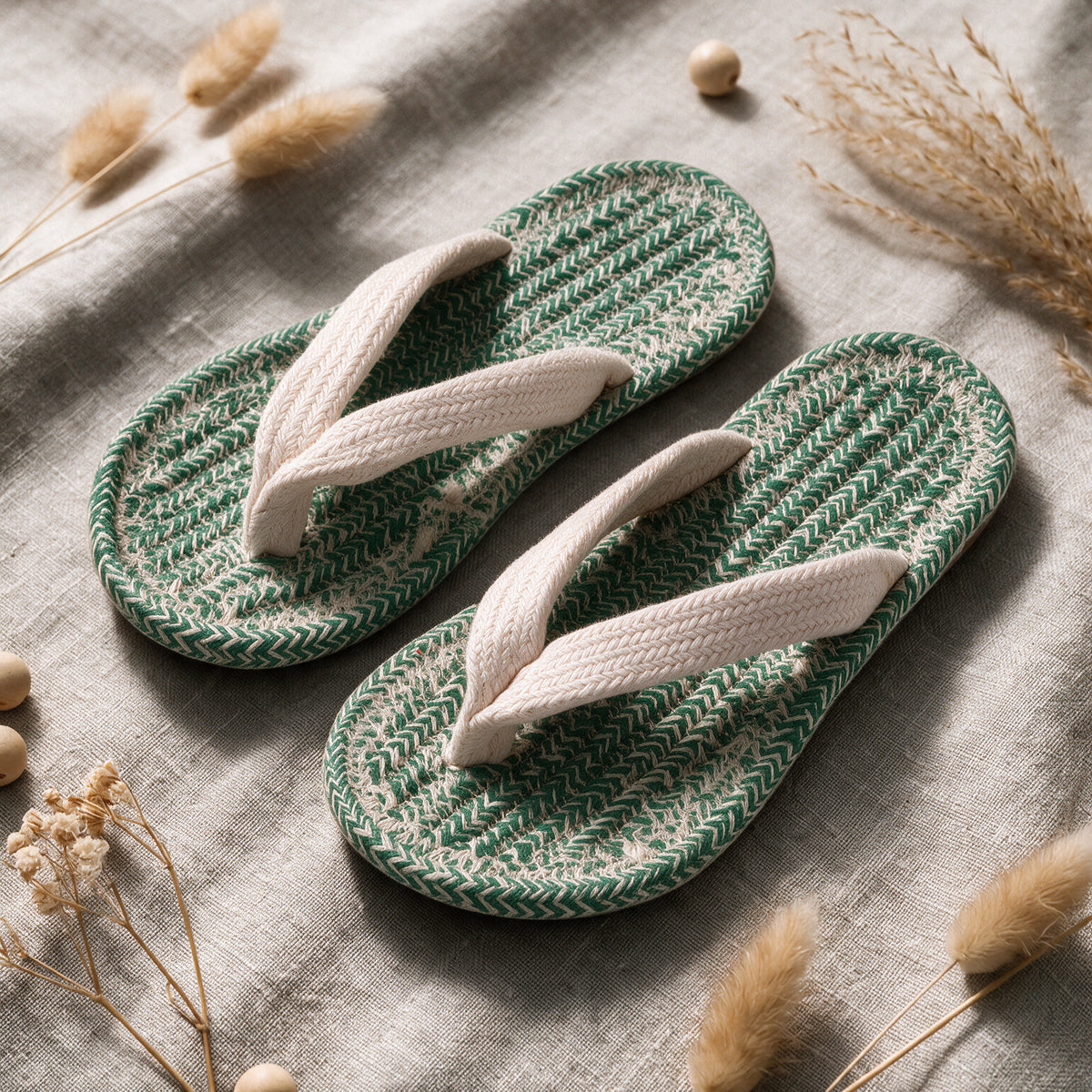 Comfortable V Strap Cotton Slippers | Green White Indoor Slippers