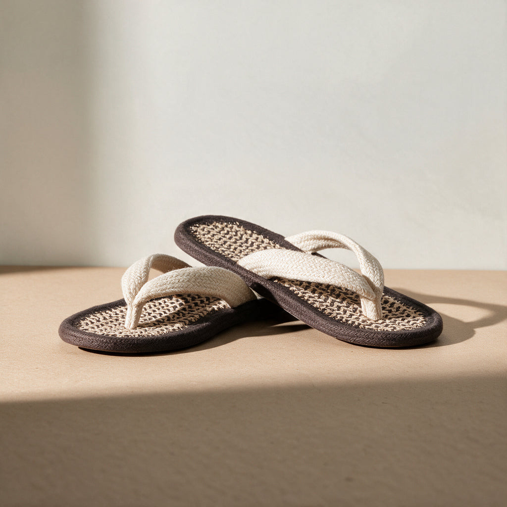Handmade V Strap Cotton Slippers | Grey White Home Slippers