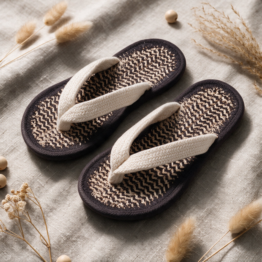 Handmade V Strap Cotton Slippers | Grey White Home Slippers