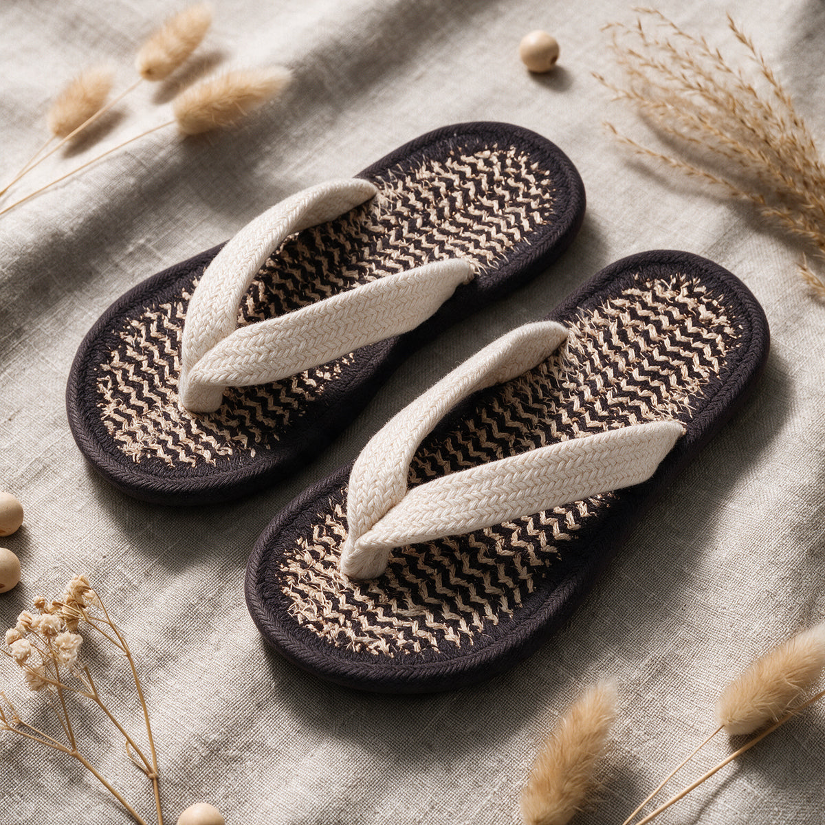 Handmade V Strap Cotton Slippers | Grey White Home Slippers