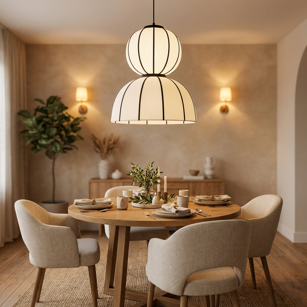 White Fabric Japanese Style Pendant Lamp – Minimalist Ceiling Hanging Light for Living Room, Bedroom & Hotel Decor