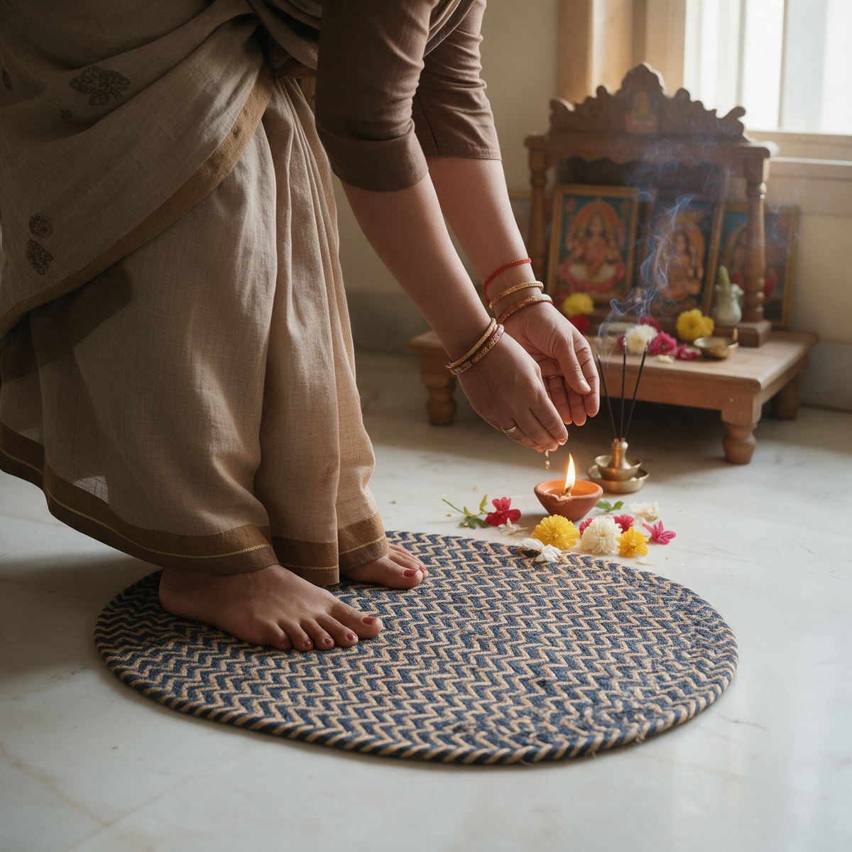 Natural Blue Jute Mat for Puja, Yoga & Meditation - Blue