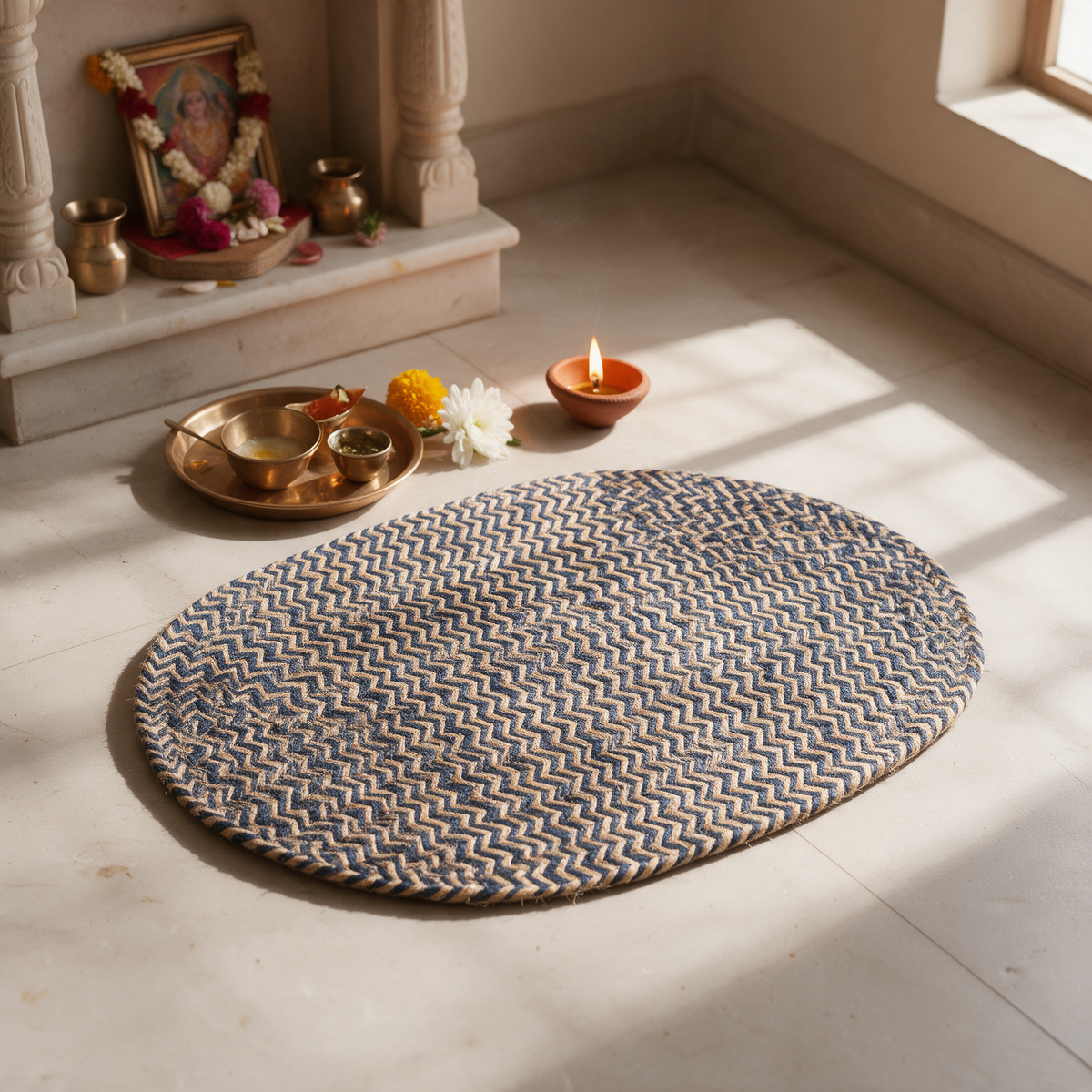 Natural Blue Jute Mat for Puja, Yoga & Meditation - Blue