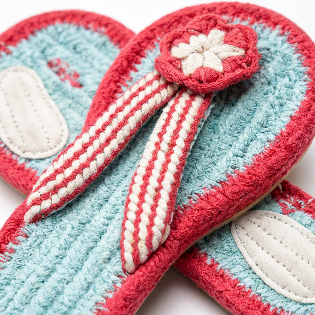 Aqua Floral Cotton Slippers | Anti-Skid Breathable Indoor Home Footwear