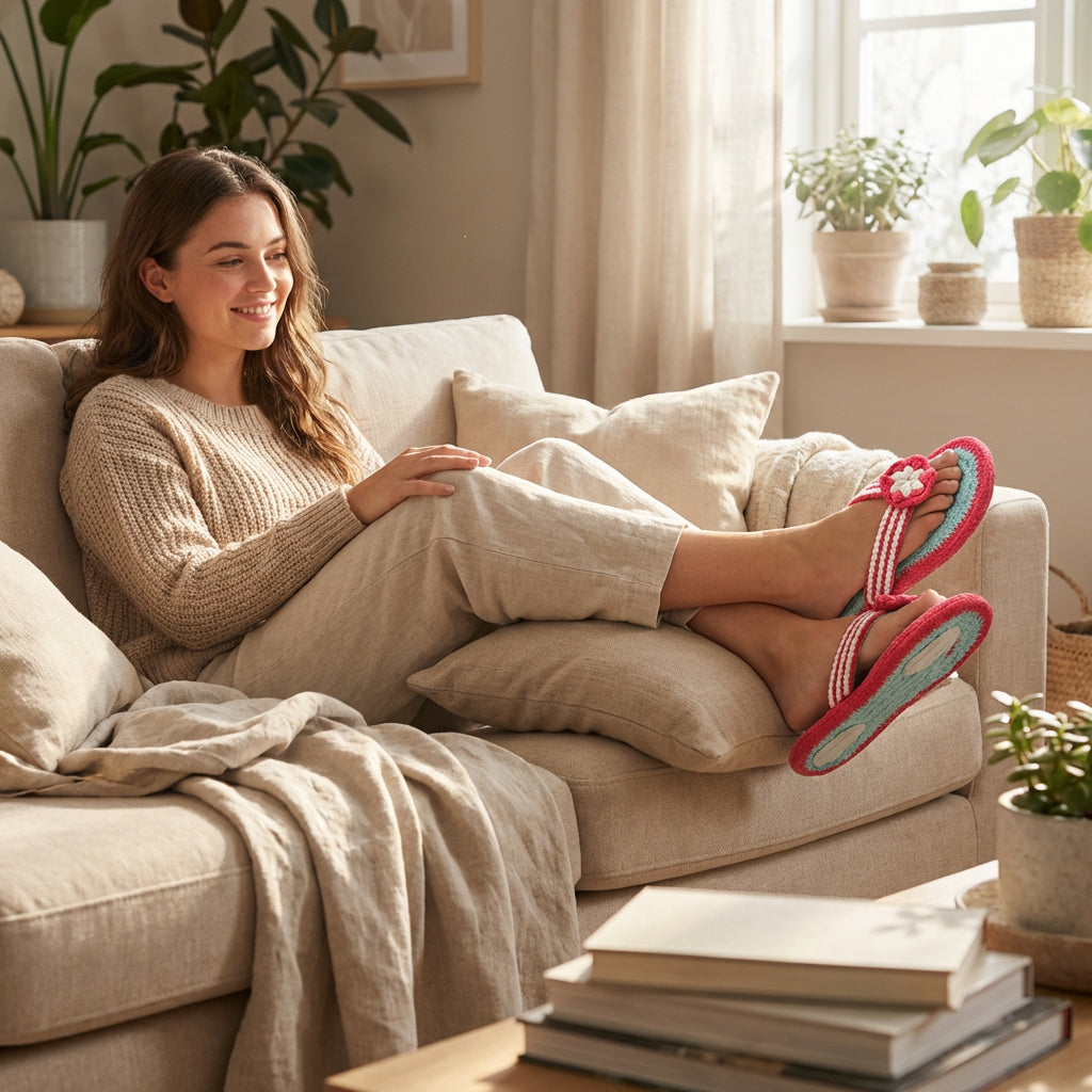 Aqua Floral Cotton Slippers | Anti-Skid Breathable Indoor Home Footwear