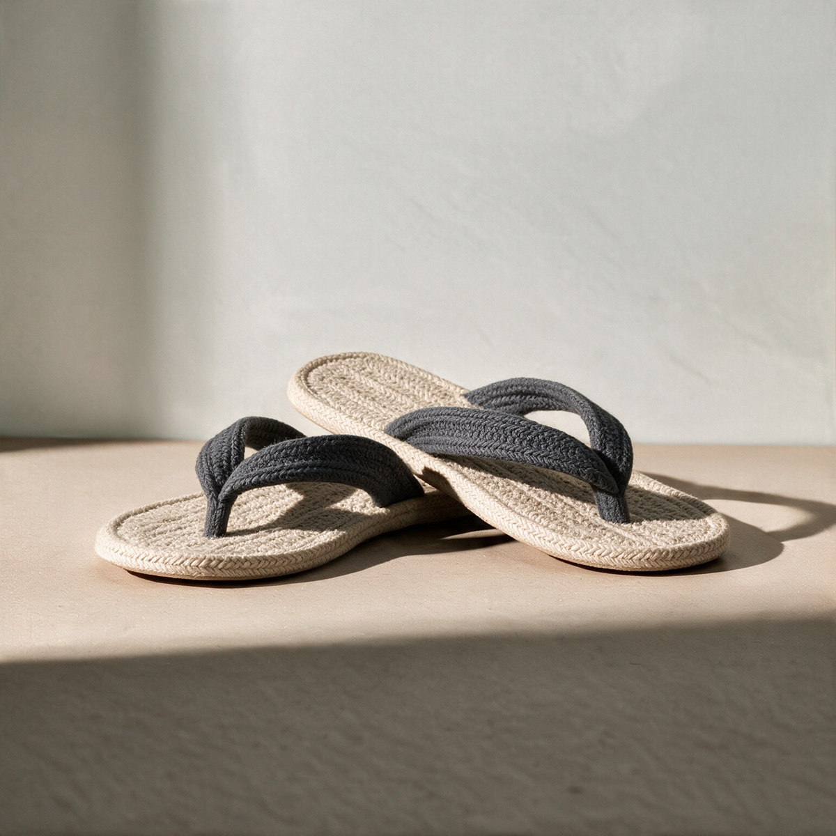 Dark Grey V-Strap Cotton Slippers with White Sole cross view