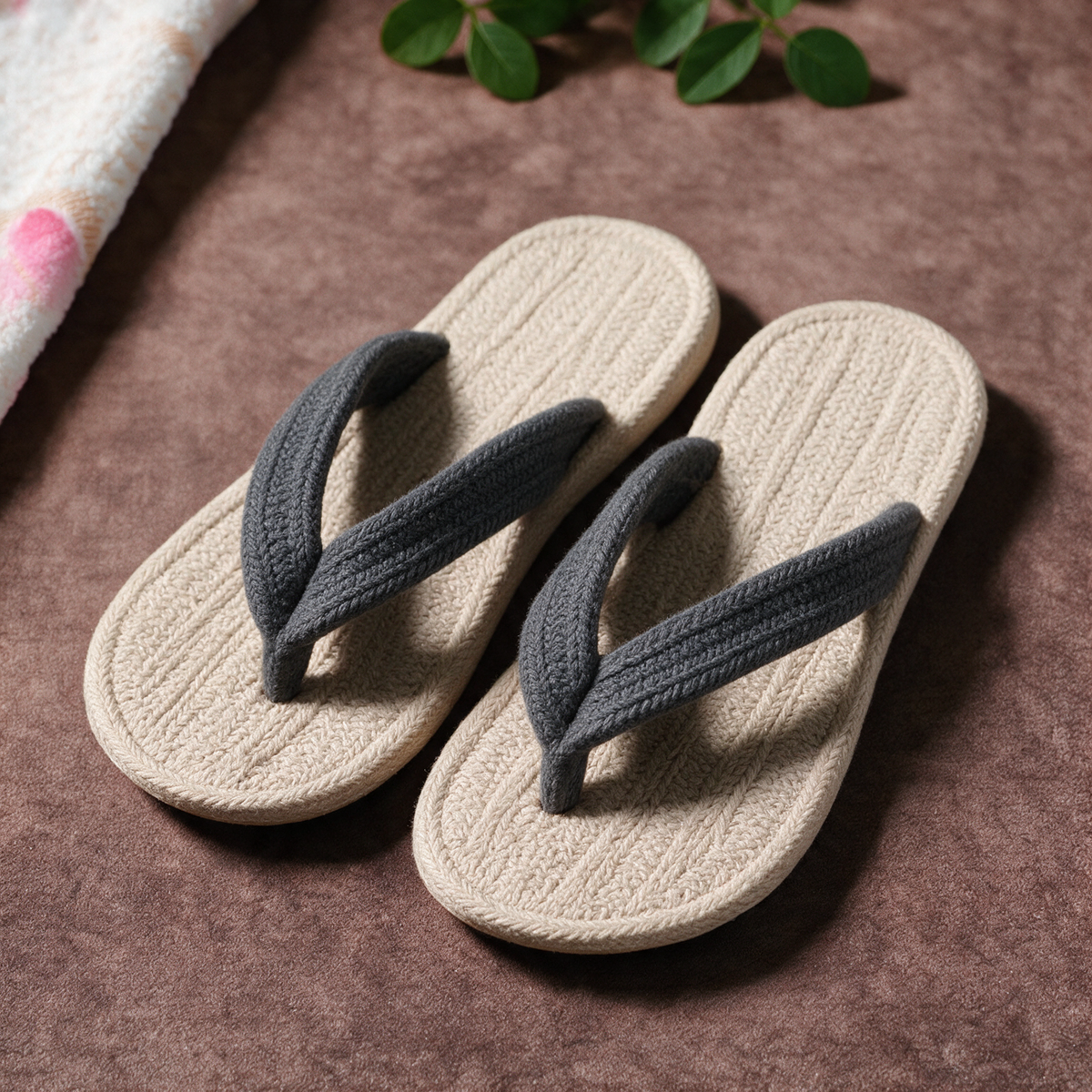 Dark Grey V-Strap Cotton Slippers with White Sole main view