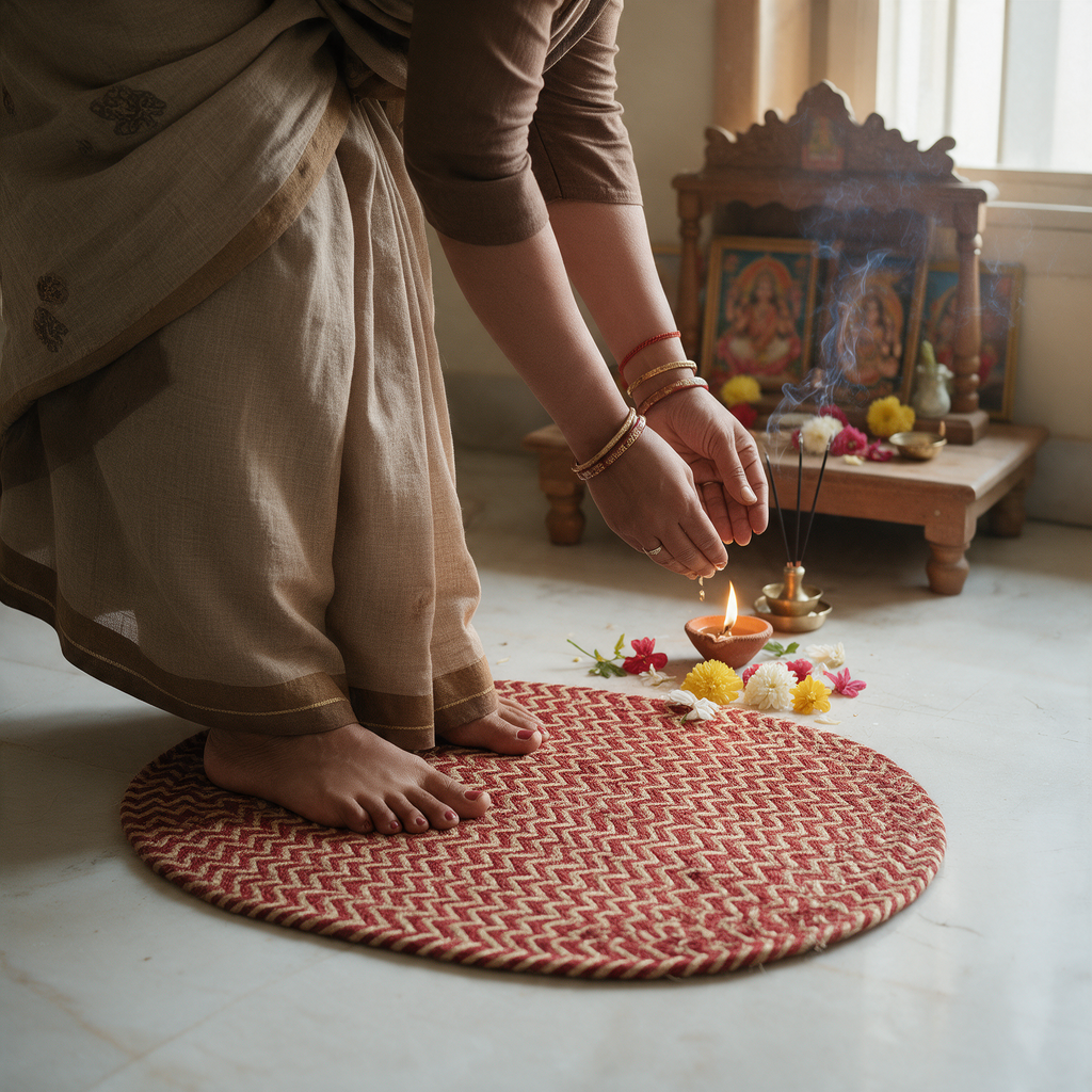 Handcrafted Jute Mat for Puja, Yoga & Meditation - Red
