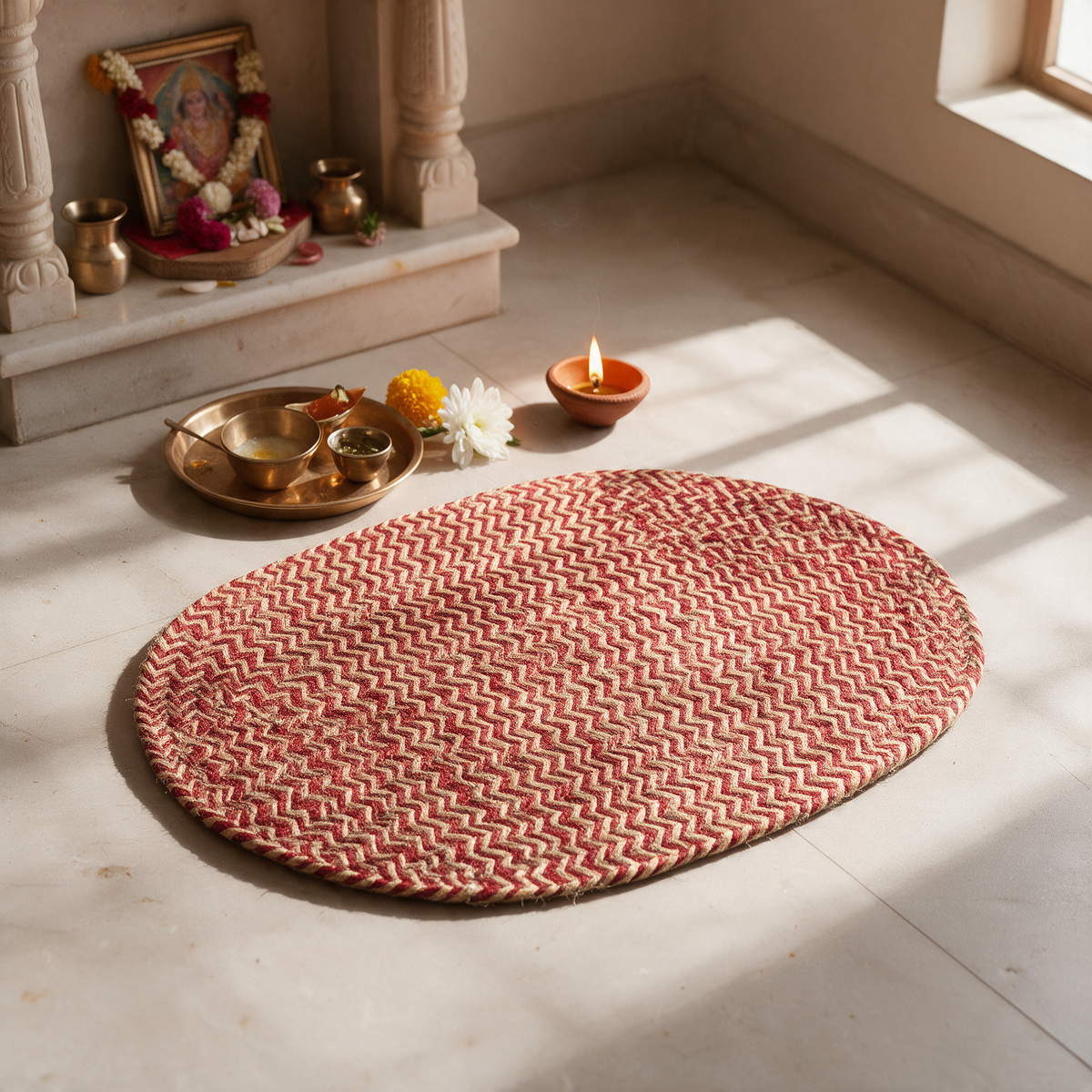 Handcrafted Jute Mat for Puja, Yoga & Meditation - Red