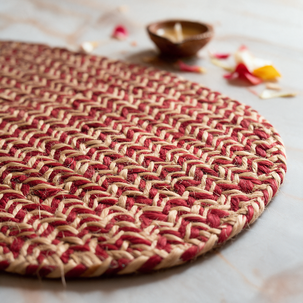 Handcrafted Jute Mat for Puja, Yoga & Meditation - Red