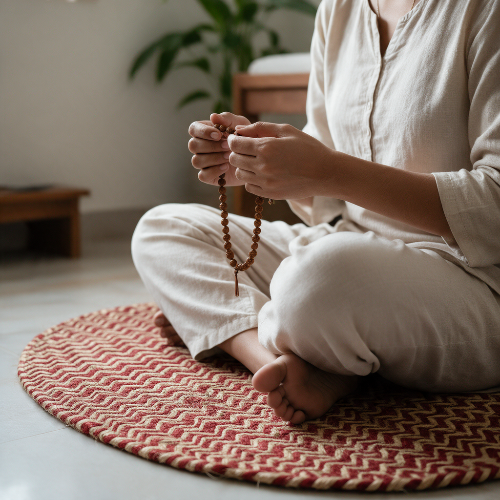 Handcrafted Jute Mat for Puja, Yoga & Meditation - Red